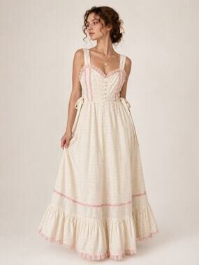Vintage Cottagecore Maxi Dress S Cream Pink Corset Prairie Eyelet Lace Prairie